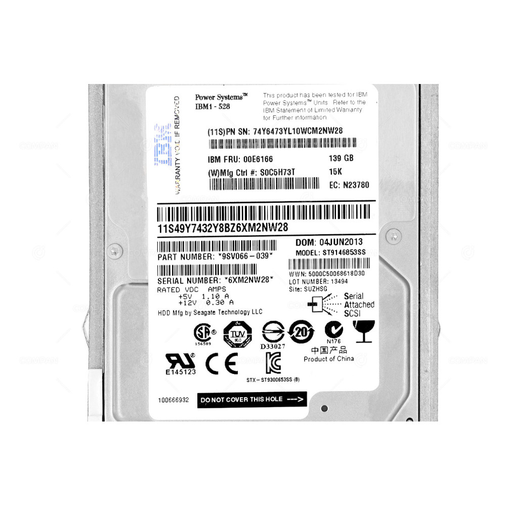 00E6166 IBM HDD 139GB 15K SAS 6G 2.5" SFF HOT-SWAP FOR POWER SERIES